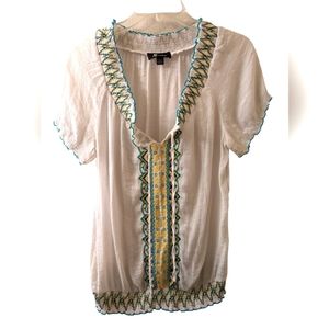 A. B. Studio boho white short sleeve Top with bright embroidery & elastic waist